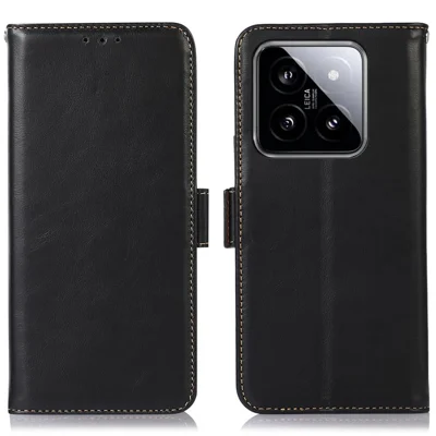 For Xiaomi 14 Pro Case Genuine Cow Leather RFID Blocking Stand Phone Cover - Black