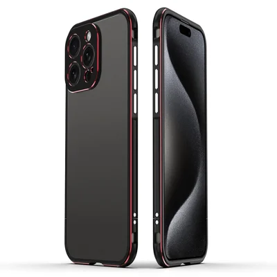 For iPhone 15 Pro Max Case Metal Frame Slim Smart Phone Cover with Camera Lens Guard - Black+Red