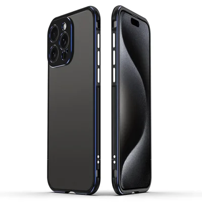 For iPhone 15 Pro Max Case Metal Frame Slim Smart Phone Cover with Camera Lens Guard - Black+Blue