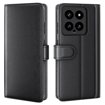 Coque pour Xiaomi 14 en cuir véritable et TPU avec portefeuille et support - Noir