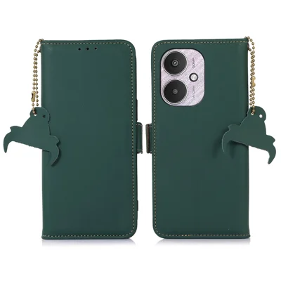 For Xiaomi Redmi 13C 4G / 13C 5G / Poco C65 4G / Poco M6 5G / 13R 5G Case Genuine Cow Leather RFID Blocking Wallet Cover - Green