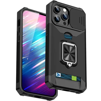 For iPhone 15 Pro Max Case Slide Lens Protection PC+TPU Phone Shell Cover with Card Slot - Black