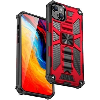 For iPhone 15 Phone Case Invisible Kickstand PC+TPU Anti-Fall Phone Cover Work with Magnetic Car Mount - Red