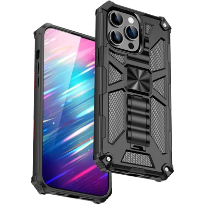 For iPhone 15 Pro Max Phone Cover Kickstand Soft TPU+Hard PC Back Case Built-in Metal Sheet - Black