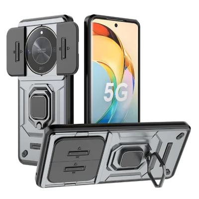 Чехол для Honor X50 5G с выдвижной защитой объектива, подставка PC + TPU - Серый