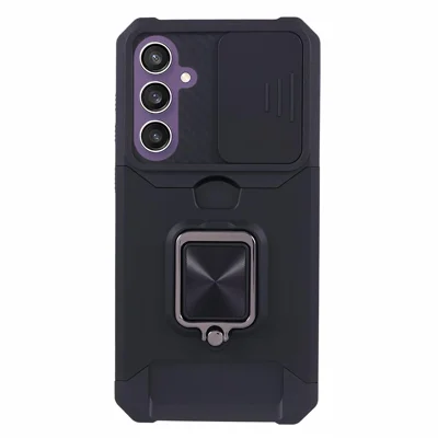 For Samsung Galaxy S23 FE Case Slide Lens Lid Kickstand Phone Cover with Card Holder - Black