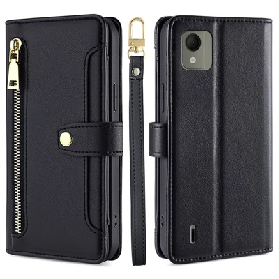Para Caso Nokia C110 Zipper Carteira de Couro Anti-queda Capa de Telefone com Alça de Pulso e Alça de Ombro - Preto