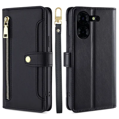 For TECNO Pova 5 Pro 4G Case Zipper Pocket Leather Phone Protection Cover with 2 Straps - Black