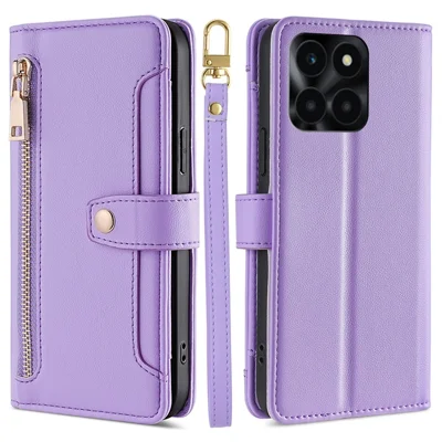 For Honor X6a 4G Case Zipper Wallet Leather Phone Stand Cover with Long and Short Strap - Purple