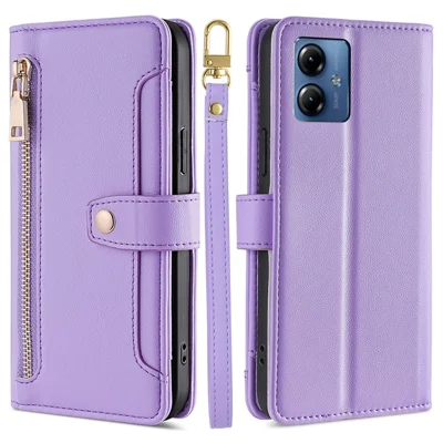 For Motorola Moto G14 4G Case Zipper Pocket Leather Phone Stand Cover with 2 Straps - Purple