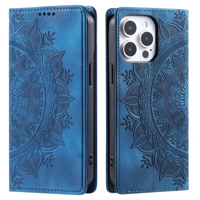 Für iPhone 14 Pro Hülle Geprägter Mandala-Blumen-Leder-Cover mit Geldbörse - Blau