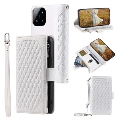 005 Style For Xiaomi 14 Pro Case PU Leather Zipper Wallet Cover with Hand Strap and Shoulder Strap - White