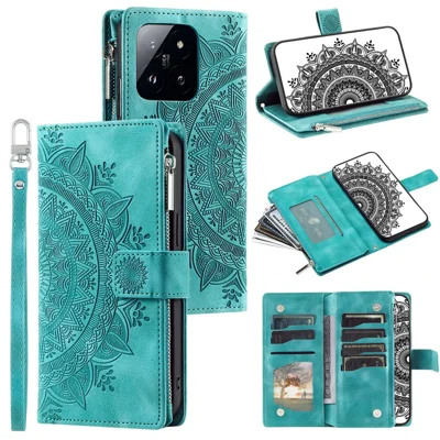 006 For Xiaomi 14 Case Slim-Fit Phone Shell Leather Wallet Imprinted Phone Cover with Strap - Mint Green