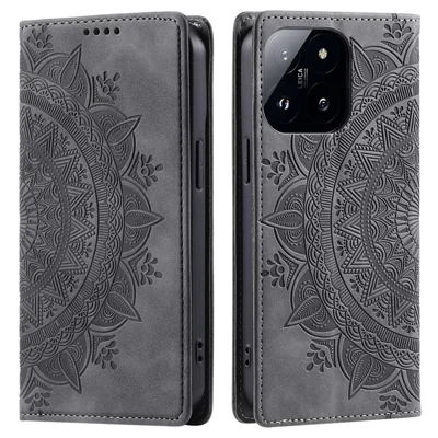 Style-010 For Xiaomi 14 Case Imprinted Magnetic Auto Closing Leather Phone Cover with Wallet - Grey