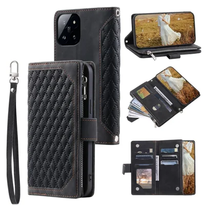 005 Style Pour Xiaomi 14 Étui Cuir PU Poche Fermeture Éclair Losange Housse de Téléphone avec Sangle - Noir 