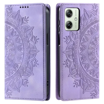 Voor Motorola Moto G54 5G Hoesje Magnetisch Gedrukt Mandala Bloem Leren Cover met Stand - Paars