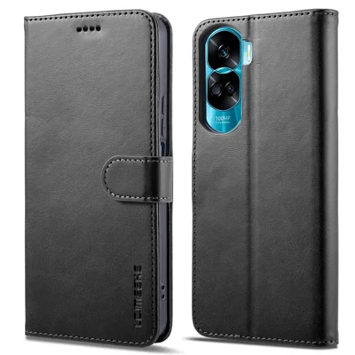 LC.IMEEKE For Honor 90 Lite 5G / X50i 5G Leather Case Calf Texture Stand Phone Cover - Black