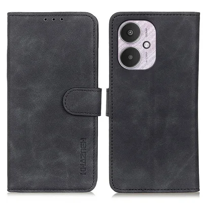 KHAZNEH Capa para Xiaomi Redmi 13C 4G / 5G / 13R 5G / Poco M6 5G / Poco C65 4G Capa de Telemóvel em Pele Sintética Vintage com Suporte - Preto
