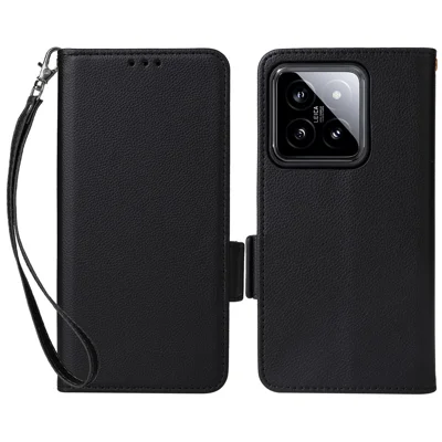 For Xiaomi 14 Case Litchi Texture Anti-Collision PU Leather Smartphone Cover with Strap - Black