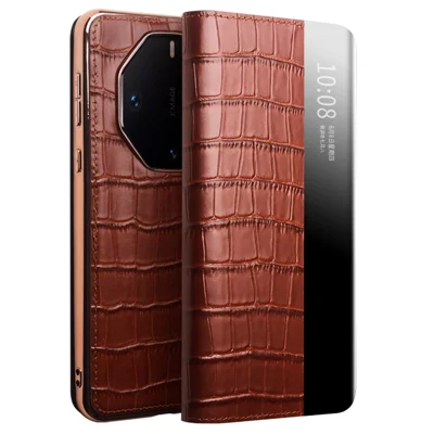 QIALINO For Huawei Mate 60 RS Ultimate Case Anti-drop View Window Genuine Cow Leather Stand Phone Cover - Brown