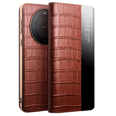 QIALINO For Huawei Mate 60 Pro / 60 Pro+ Case View Window Genuine Cow Leather Auto Wake /  Sleep Phone Cover - Brown