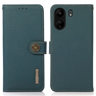 KHAZNEH Capa para Xiaomi Redmi 13C 4G / 13C 5G / Poco C65 4G / Poco M6 5G / 13R 5G em Couro Genuíno de Vaca com Proteção contra RFID - Verde