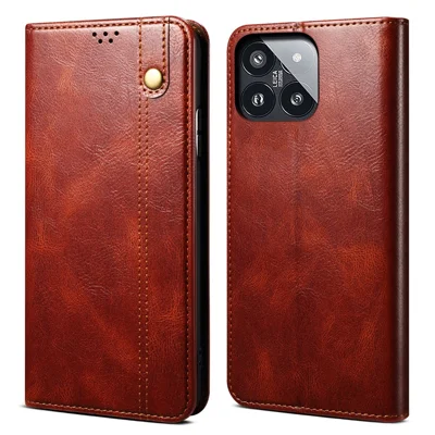 Чехол-кошелек с ручкой из искусственной кожи "безумной лошади" для Xiaomi 14 Pro - Коричневый