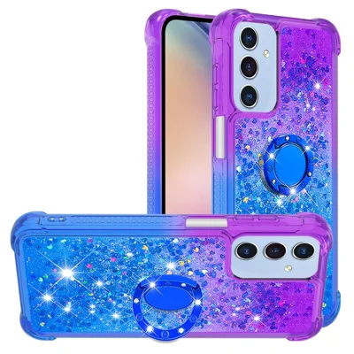 For Samsung Galaxy A15 5G TPU Case with Kickstand Gradiant Quicksand Shockproof Cover - Purple+Sky Blue