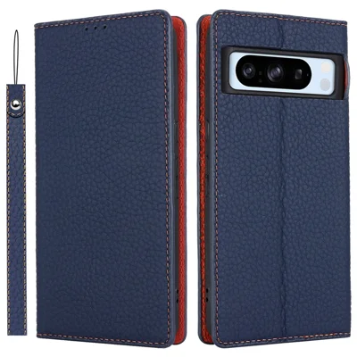 For Google Pixel 8 Pro Case Litchi Texture Genuine Cow Leather Phone Cover Wallet Stand with Strap - Dark Blue