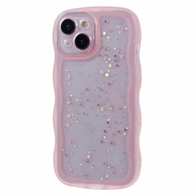 JTW Series for iPhone 14 Case Wavy Frame Glitter Stars Epoxy Phone Cover - Pink