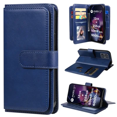 For Motorola Moto G54 5G Leather Case with 10 Card Holder Phone Cover Stand - Blue