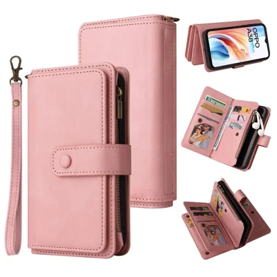 For Oppo A38 4G Zipper Wallet Case with 15 Card Slots and Strap Leather Phone Cover - Pink
