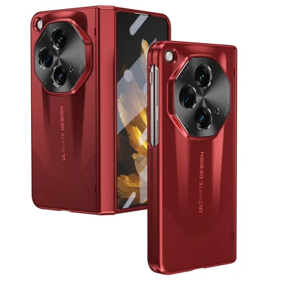 For Oppo Find N3 5G Folding Phone Case Hinge Protection PC Cover with Tempered Glass Film - Red