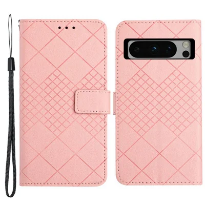 HT06 For Google Pixel 8 Pro Case PU Leather Rhombus Foldable Stand Phone Cover - Pink