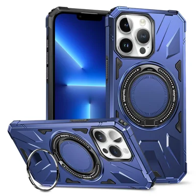 For iPhone 13 Pro 6.1 inch Case Anti-fall TPU+PC Phone Protective Cover with Rotatable Kickstand - Navy Blue
