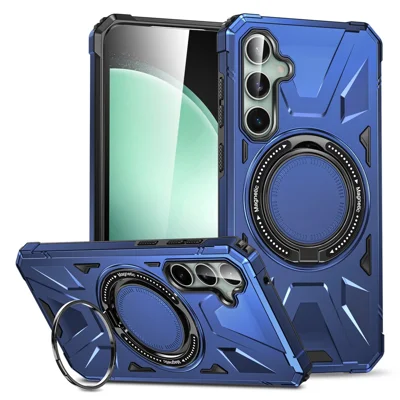 For Samsung Galaxy S23 FE Case TPU+PC Rotating Kickstand Phone Cover Built-in Magnetic Holder Metal Sheet - Navy Blue