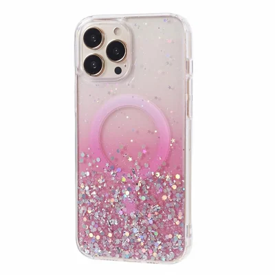 JTW Series For iPhone 12 Pro Max 6.7 inch Case Compatible with MagSafe Sparkle Epoxy TPU+Acrylic Phone Cover - Pink