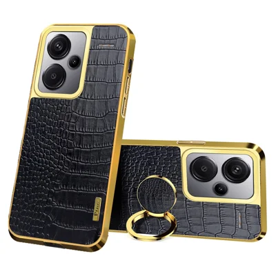For Xiaomi Redmi Note 13 Pro+ 5G Case Leather+TPU Crocodile Texture Ring Kickstand Phone Back Shell - Black