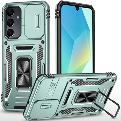 Armor Series per Samsung Galaxy S25 / S24 Custodia PC+TPU Protettiva con Supporto Girevole e Coperchio Scorrevole per Obiettivo - Verde