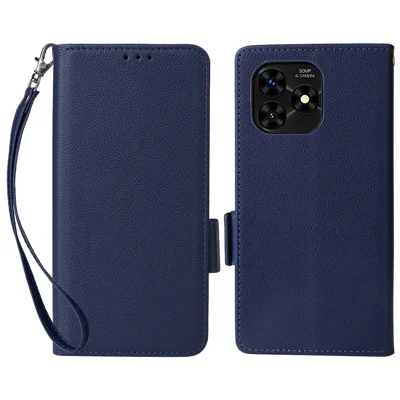 For Umidigi G5 Mecha Leather Cell Phone Case Litchi Texture Wallet Cover with Strap - Dark Blue