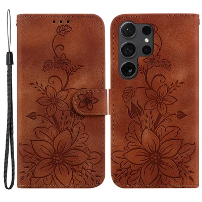 For Samsung Galaxy S24 Ultra Case Flower Imprint Leather Anti-drop Mobile Phone Cover - Brown