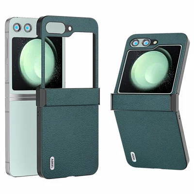 ABEEL For Samsung Galaxy Z Flip5 5G Phone Case Hinge Protection Genuine Cow Leather Back Cover - Midnight Green