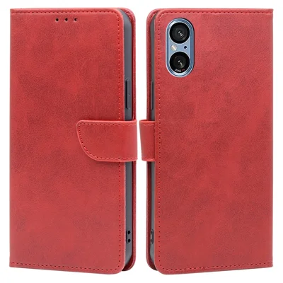 For Sony Xperia 5 V Case Calf Texture PU Leather Stand Wallet Phone Shell - Red