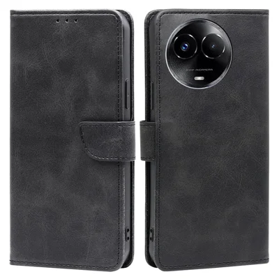 For Realme 11x 5G / 11 5G (Global) PU Leather Protective Cover Calf Texture Stand Wallet Phone Case - Black