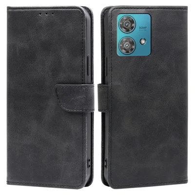 For Motorola Edge 40 Neo 5G Calf Texture Stand Wallet Phone Case PU Leather Phone Cover - Black