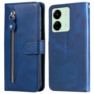 For Xiaomi Redmi 13C 4G / 5G / 13R 5G / Poco M6 5G / Poco C65 4G Case Calf Texture Leather Flip Cover Zipper Pocket Wallet Phone Case - Blue