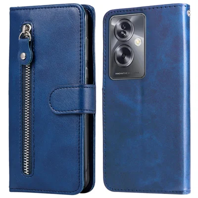 For Oppo A79 5G / A2 5G Case Calf Texture Leather Flip Cover Shockproof Phone Case with Zipper Pocket - Blue