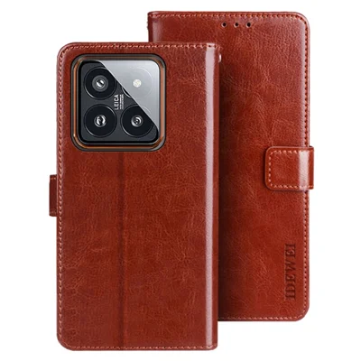 IDEWEI For Xiaomi 14 Case Shockproof Crazy Horse Texture Flip Leather Wallet Phone Cover - Brown
