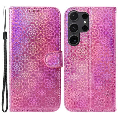 For Samsung Galaxy S24 Ultra Case Dazzling Flower Pattern Stand Cover with Wallet - Pink