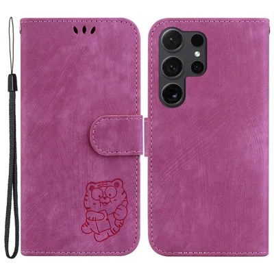 For Samsung Galaxy S24 Ultra Case Lovely Tiger Imprinted PU Leather Flip Cell Phone Cover - Rose